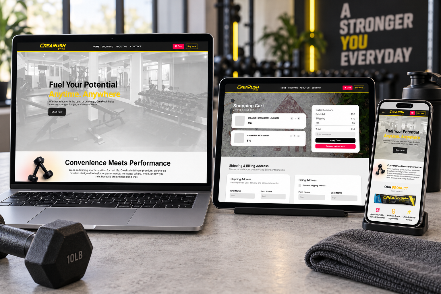 CreaRush ecommerce website and shopping cart displayed on a laptop, tablet, and phone