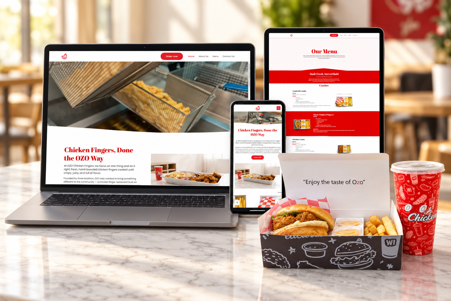 Ozo Chicken Fingers restaurant website displayed on a laptop, tablet, and phone