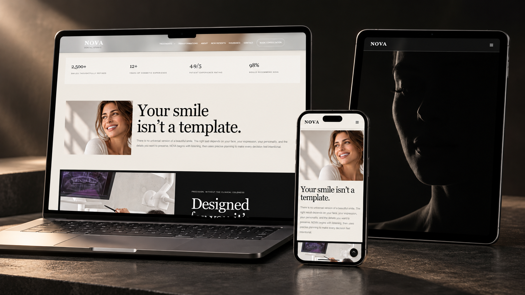NOVA Dental website shown on a laptop, iPad and iPhone in a cinematic charcoal studio