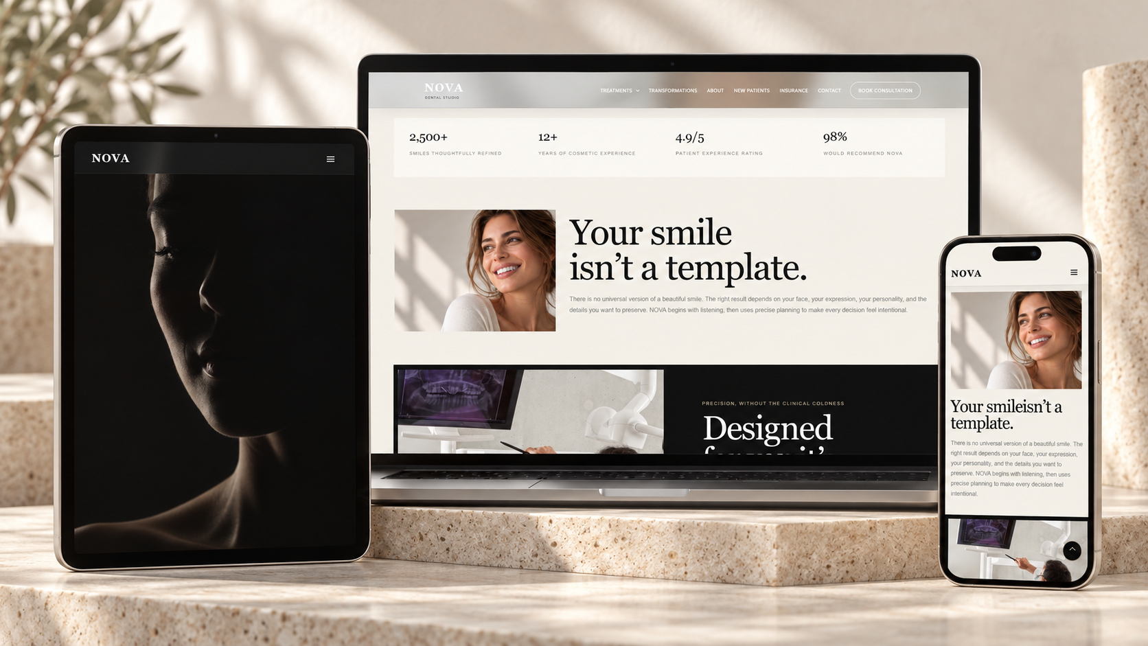 NOVA Dental website on laptop, iPad and iPhone in a sunlit ivory travertine studio